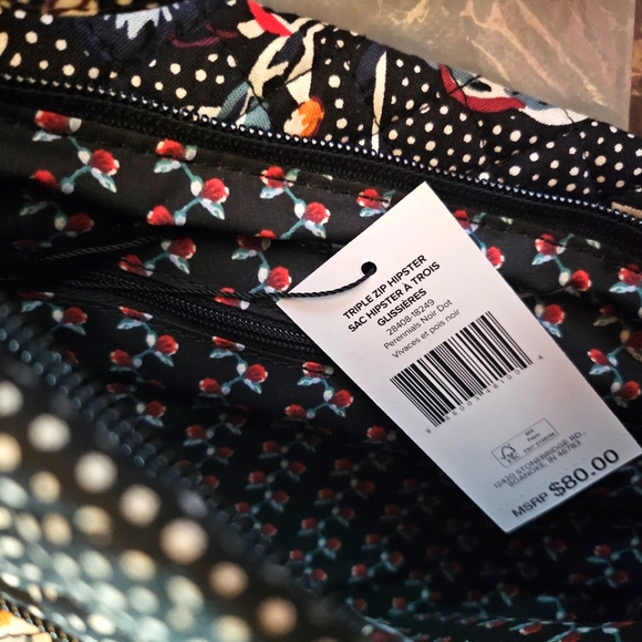 VERA BRADLEY cotton triple zipper PERENNIALS NOIR DOT hipster NWT - Picture 4 of 4